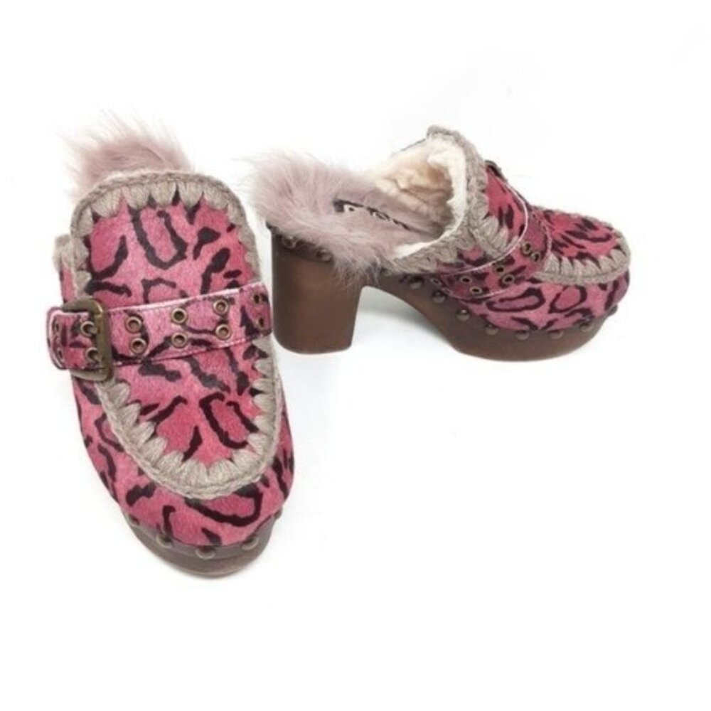 MOU Leopard Pink Pony Hair Shearling Platform Clogs 37 - Picture 10 of 13